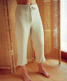 womens linen three-quarter cut-off pants with drawstring