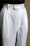 unisex white linen high rise trouser close up