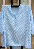 italian cotton gauze ladies mandarin collar muted spotty shirt top in pale blue