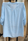 ladies cotton gauze ladies mandarin collar muted spotty shirt top in pale blue back view