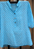 italian cotton gauze womens mandarin collar muted spot shirt top in turquoise