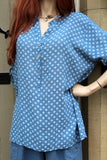 italian cotton gauze ladies mandarin collar muted spotty shirt top in mid blue