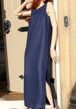 ladies sleeveless linen dress with long side slits in navy