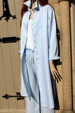 longer length ladies linen shirt or coat pale blue