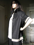 short sleeved ladies linen border blouse black