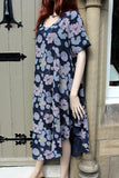 ladies italian meshy cotton floral loose kaftan style dress  navy