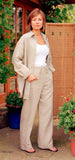 Womens drawstring loose-leg linen trouser worn with classic linen shirt-tunic-jacket