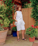 womens knee-length linen city shorts with zip worn with long sleeveless linen mandarin-style tunic
