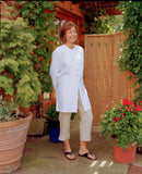womens linen three-quarter cut-off pants with drawstring in natural-oatmeal with mandarin-style linen jacket