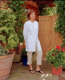 womens linen mandarin-slyle long sleeve linen jacket with toggle fastening