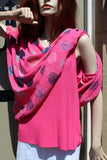 ladies gauzey cotton top with muted spots in fuchsia showing lining