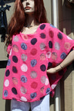 ladies gauzey cotton top with muted spots in fuchsia