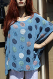 ladies gauzey cotton top with muted spots in mid blue