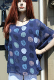 ladies gauzey cotton top with muted spots in navy