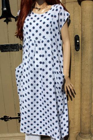 ladies italian linen dot dress with pockets in white