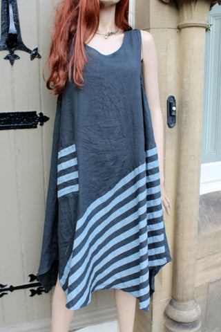 womens italian linen sleeveless dress with stripes in black