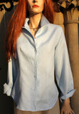 long sleeved shaped ladies linen blouse in pale blue