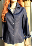 long sleeved shaped ladies linen blouse in navy