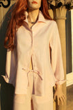 long sleeved shaped ladies linen blouse in pale pink