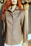 long sleeved shaped ladies linen blouse in khaki