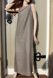 ladies sleeveless linen dress with long side slits in khaki