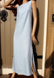 ladies sleeveless linen dress with long side slits in pale blue