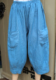 ladies italian blue linen loose 3/4 pull on pants