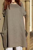 focus ladies taupe linen dress or long tunic with big bucket pockets