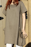 focus ladies taupe linen dress or long tunic with big bucket pockets