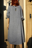 focus marled blue linen three quarter sleeve dress