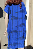 ladies italian linen fish print dress with pockets royal blue
