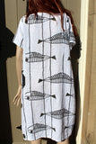 ladies italian linen fish print dress with pockets white