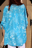 italian cotton gauze ladies mandarin collar muted floral top turquoise