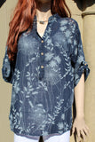 italian cotton gauze ladies mandarin collar muted floral top navy