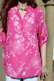 italian cotton gauze ladies mandarin collar muted floral top fuchsia