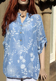 italian cotton gauze ladies mandarin collar muted floral top denim blue