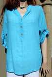 womens italian gauzey cotton plain mandarin collar shirt turquoise