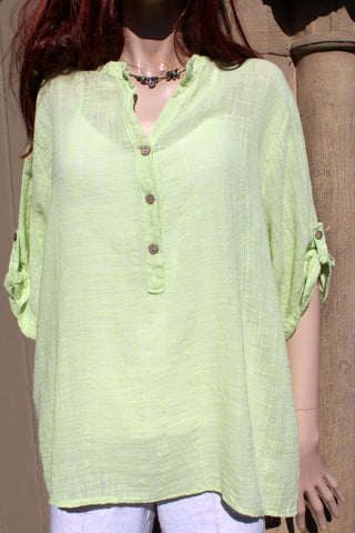 womens italian gauzey cotton plain mandarin collar shirt lime