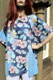 ladies italian meshy cotton floral panel tunic sky blue