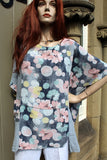 ladies italian meshy cotton floral panel tunic pale grey and blue