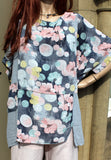 ladies italian meshy cotton floral panel tunic pale grey and blue