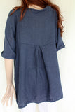 womens  italian linen button through back pleat tunic in navy backview