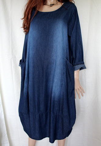 ladies italian dark blue cotton denim dress with two pockets