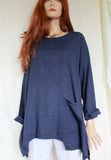 womens italian fine linen long sleeve pocket tunic navy