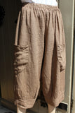 womens italian one size linen pull-on loose three-quarter pants in mocha