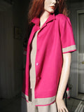 short sleeved ladies linen border blouse fuchsia