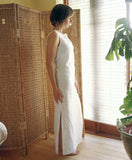 ladies sleeveless linen dress with long side slits in white